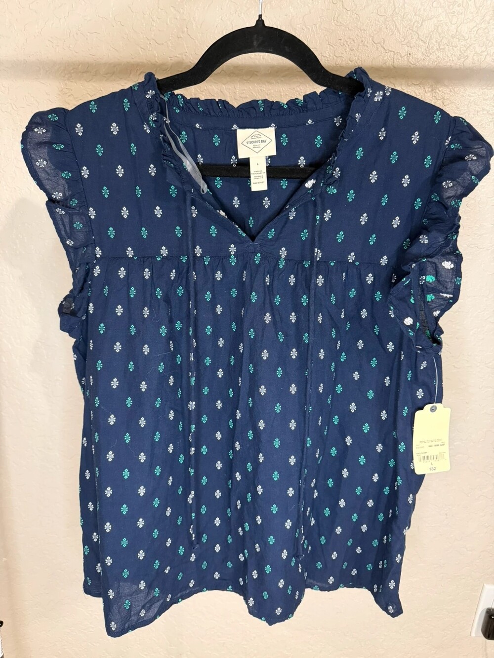 St. Johnโs Bay Navy Dobby Floral Blouse Size L NWT